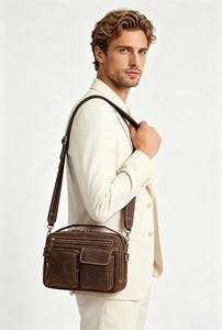 Genuine Leather Crossbody <b>Messenger</b> Shoulder <b>Bag</b> Vintage Retro Handbag for <b>Men</b> Daily Travel Business - Product Image 2