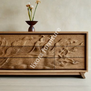 Cajón de TV de Madera Maciza de Lujo Hecho a Mano con Relieve Floral Ornamental de Garza y Paisaje en Roble - Product Image 3