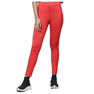 Leggings de yoga taille haute sans coutures, rouge uni, longueur intégrale, avec bande latérale, taille élastique, extensibles dans les quatre sens, pour l'entraînement - Product Image 1