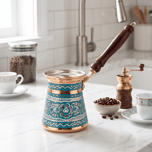หม้อกาแฟทองแดงเคลือบสีเทอร์ควอยซ์แบบตุรกี ซีซ์เว อิบริกแบบอาหรับ บริกิแบบกรีก ใช้กับเตาได้ พร้อมที่จับไม้หมุนได้ - Product Image 2