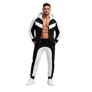 <b>Men</b>’s Black & <b>White</b> Hooded Tracksuit Set – Full Zip <b>Jacket</b> with Jogger Pants, Slim Fit Athletic Sportswear Casual Gym Outfit - Product Image 1