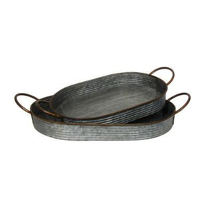 Wholesale Set of 2 Rustic Galvanized Metal <b>Nesting</b> Trays with Sturdy Handles Oval Ribbed Serving Platters for Farmhouse Kitchen - Product Image 1