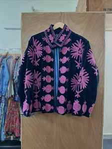 Handcrafted Green Velvet Suzani <b>Quilted</b> <b>Jacket</b> with Teal Embroidery Bold Floral <b>Patterns</b> Cotton Lining Eco-Friendly & Breathable - Product Image 2