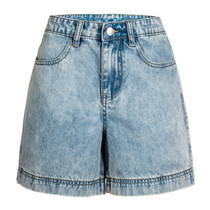 Mid Waist Eco-Friendly Washed Denim Shorts Unisex Casual Solid Color <b>Drawstring</b> Closure 100% Cotton Breathable Front Logo - Product Image 4