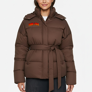 2027 <b>Women's</b> Brown Quilted Puffer Jacket <b>Winter</b> Stand Collar Wrap Tie Belt Long <b>Padded</b> <b>Coat</b> with Front Pocket - Product Image 1