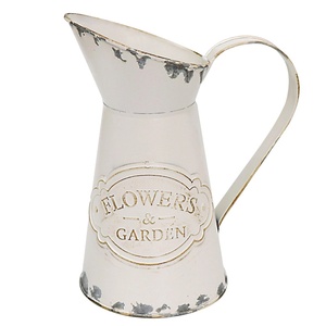 French Country Style White Metal Pitcher Embossed Decorative <b>Flower</b> Bucket Vintage Distressed Garden Vase Vintage Enamel Planter - Product Image 1