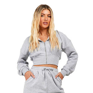 Womens Grey Solid <b>Crop</b> <b>Zip</b> <b>Up</b> Hoodie Long Sleeve Casual Fleece Jacket Custom Logo OEM ODM Wholesale Apparel - Product Image 1
