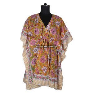 Vestido Kaftán 100% Algodón para Mujer, Estampado a Mano, KFCS173, Ligero, Informal, para Ocasiones Especiales, Vestidos Cortos Tipo Kaftán - Product Image 2