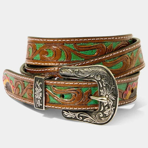 Colorful Hand carving and painting Floral Embossed Brown Western <b>Leather</b> <b>tooling</b> <b>belt</b> for unisex designer brass pin buckle - Product Image 1