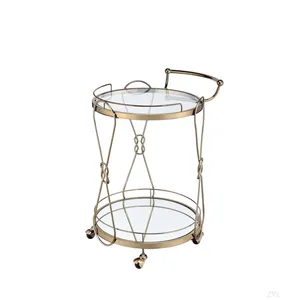 Chariot de bar rond en métal avec étagères en verre, finition dorée, design glamour, cadre roulant durable, idéal pour les fêtes et événements - Product Image 1