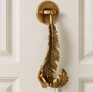 Feather Form Door Knocker in Textured <b>Gold</b> Bronze Tone with Detailed Quill Pattern and Curved Tip <b>Ornamental</b> Entrance Hardware - Product Image 4