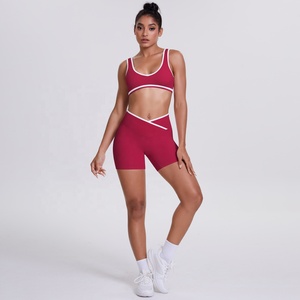 <b>Red</b> Two-Piece Yoga Set Racerback <b>Crop</b> <b>Top</b> High Waist Shorts Contrast Binding Seamless Stretchable Workout Wear - Product Image 3