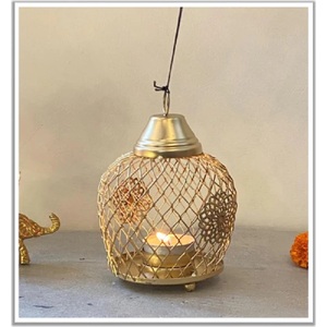 Golden Metal Handmade Basket Shaped With Handle Candle Holder Luxurious Glass Hollow-Design for Home Decoration Christmas <b>Light</b> - Product Image 4