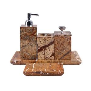Ensemble d'accessoires de salle de bain KAMRAN en marbre brun, écologique, portable, minimaliste, cinq pièces, distributeur de savon brillant, porte-brosse à dents - Product Image 3