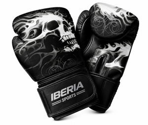 Gants de boxe noirs IBERIA Premium, imprimé crâne blanc, gants d'entraînement en cuir PU, logo personnalisé, équipement sportif en gros OEM - Product Image 1