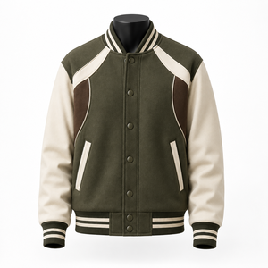 Chaqueta Varsity Personalizada para Hombre en Verde Oliva con Mangas en Contraste y Botones a Presión, Estilo Universitario, Fabricante OEM - Product Image 1