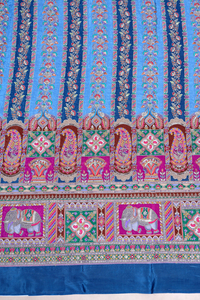 Tissu en crêpe naturel de qualité supérieure, bleu royal, à rayures florales, imprimé par placement, avec bordure décorative de créateur, pour robe Kurti, vêtement ethnique - Product Image 3