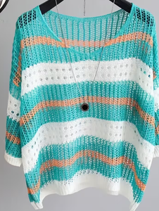 Plus Size Women's <b>Patchwork</b> Anti-Wrinkle O-Neck Pullover Short Sleeve 100% Cotton Casual Summer Knit Tee 380g Digital Printed - Product Image 3