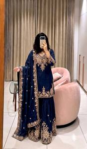 ชุดสัลวาร์ผ้าไหมปักลายสีน้ำเงินกรมท่าสุดหรู พร้อมผ้าคลุมไหล่ยาวถึงพื้น สไตล์อินเดีย-ปากีสถาน สำหรับผู้หญิง ใส่ในฤดูหนาว - Product Image 2