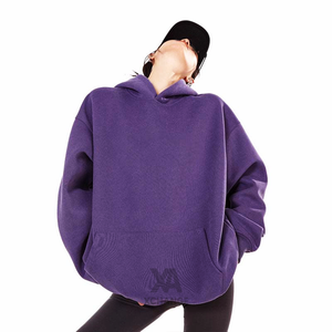 Purple Oversized Hooded Sweatshirt <b>Men</b> Knitted Solid Color <b>Pullover</b> Back Logo Autumn Streetwear Casual Wear - Product Image 1