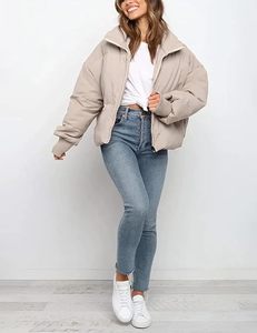 <b>Women's</b> <b>Beige</b> Quilted Puffer <b>Jacket</b> Full Sleeve Stand Collar Zipper Closure Solid Color Winter Thick Short Coat - Product Image 5