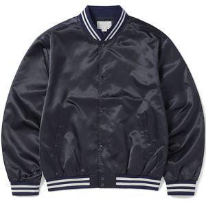 Satin Varsity <b>Jacket</b> Classic Baseball Bomber <b>Jacket</b> Snap Button Shiny Silk Letterman <b>Jacket</b> Dark Blue - Product Image 1