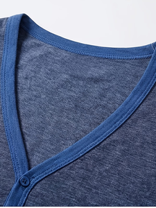Men's V-Neck Short Sleeve Knitted Jersey T-Shirt 100% Cotton Solid Color Contrast Trim Slim Fit Casual Blue Summer 200 Grams - Product Image 5