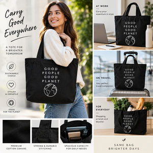 Sac fourre-tout Good People Good Planet en coton noir imprimé, sac de courses écologique - Product Image 5