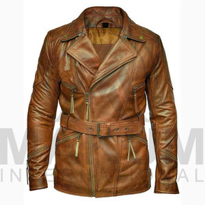 <b>Men's</b> Brown Genuine Cowhide <b>Leather</b> Motorcycle <b>Jacket</b> With Belt And Zipper Closure Turn-down Collar Regular Fit - Product Image 4