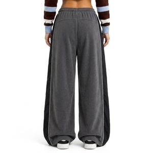 Women's Lightweight 100% Cotton Mid Waist Wide Leg <b>Trousers</b> Elastic Drawstring Casual Loose Fit Sweatpants <b>Zip</b> Pockets <b>Side</b> - Product Image 2