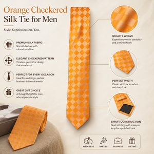 Corbata a Cuadros Naranja 100% Poliéster para Hombre |   Tamaño Personalizado Ecológico de Primera Calidad |   Elegante Regalo Formal para Bodas, Fiestas y Negocios - Product Image 5