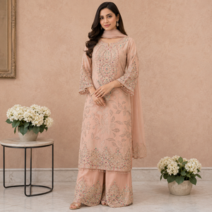 Luxury Cotton Pakistani Long Cut Embroidered Suit Women Premium Designer Dust Pink Party Wedding Wear Straight Kurta Palazzo - Product Image 5
