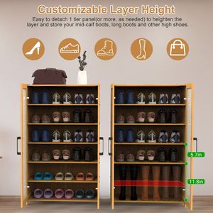 Scarpiera a 6 Ripiani Autoportante in Bambù con 2 Ante Vuote e Maniglie, Capacità Massima di Carico 70 kg, Organizzatore - Product Image 3