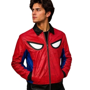 Chaqueta de Cuero Roja y Azul Inspirada en Spider-Man para Hombre |   Abrigo de streetwear con diseño de disfraz de superhéroe, con detalles de ojo cosido en el pecho, para carga con impuestos pagados - Product Image 1