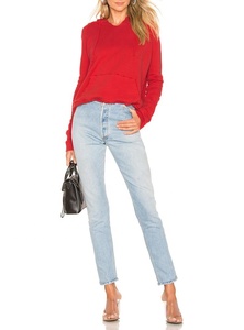 Sweat-shirt à capuche rouge pour femme, couleur unie, manches longues, en coton tricoté, respirant, décontracté, pour l'automne - Product Image 5