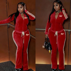 Vêtements d'hiver pour femmes Y2K, veste zippée en velours avec logo personnalisé sur le côté et pantalon de jogging, ensemble 2 pièces, survêtement en velours pour femmes - Product Image 2