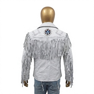 Custom OEM Unisex White Leather <b>Punk</b> Rock <b>Jacket</b> Breathable Front Logo Fringed & Studded Traditional Coat Wholesale - Product Image 2