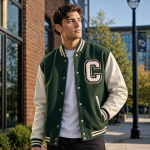 Veste de baseball vintage pour homme, personnalisée OEM, en laine méton épaisse, avec manches en cuir véritable et patchs en chenille. - Product Image 3