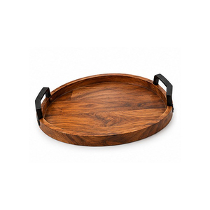 Plateau de rangement rond en bois avec poignées noires, design minimaliste, à un seul niveau, pour table, finition laquée, 50x40x30cm - Product Image 1