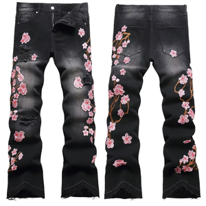 Jeans de Algodón Grueso con Bordado de Flores y Estampado Gráfico para Hombre, Pantalones de Mezclilla de Alta Calidad, Transpirables y Lavables para la Temporada de Primavera - Product Image 1