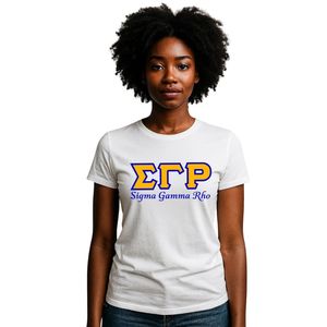 T-shirt blanc brodé pour femme, manches courtes, col rond, style décontracté, avec lettres personnalisées, pour sororité grecque, université et campus - Product Image 1