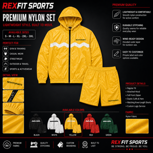 ชุดแจ็คเก็ตและกางเกงขาสั้นแบบมีฮู้ดสีเหลืองสำหรับผู้ชาย REXFIT SPORTS 2026 ผลิตตามสั่ง ชุดกีฬาผ้าไนลอนน้ำหนักเบา กันลม แบรนด์ส่วนตัว - Product Image 1