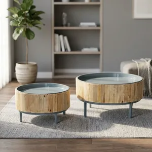 Modern Round Wood <b>Nesting</b> Coffee <b>Tables</b> Set of 2 Tray Top Metal Legs Scandinavian Living Room Furniture - Product Image 6