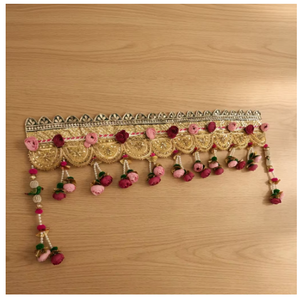 Traditional Ethnic Door Hanging Toran Bandhanwar with Golden Scalloped Lace Pink Floral Buds & Hanging Flower Tassels - Product Image 6