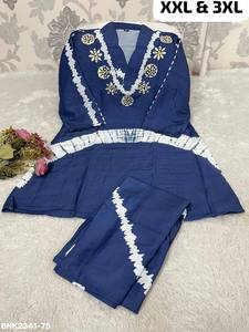 Conjunto étnico coordinado de la mejor calidad: Kurti corto y pantalón estampado de seda de lujo con estampado y detalles hechos a mano, estilo A-Line, para mujer. - Product Image 6