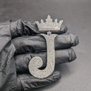 Luxury 925 <b>Silver</b> Moissanite Letter J Pendant With Crown Micro Pave Round Brilliant Cut Themed <b>Charm</b> Unisex Everyday Wear - Product Image 1