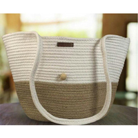 Tas Rajut Tangan Warna Putih Biru untuk Musim Panas, Pantai, Pasar, Model Terbuka, Terbuat dari Benang Katun, Tas Selempang Modern Kapasitas Besar