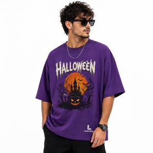 Men's Gothic Halloween T Shirt Purple Graphic Tee Pumpkin Castle Moon Bat Print Oversized Short Sleeve Cotton Casual Streetwear - Product Image 2