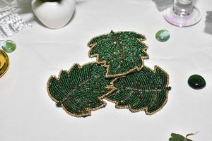 Handmade Beaded Leaf <b>Coasters</b> Set Of 3 Green <b>Gold</b> Trim Classic Bar Accessories Reusable Cocktail Trays - Product Image 6