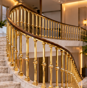 Balustrade d'escalier dorée de style régale avec colliers géométriques et meneaux carrés fins pour grands intérieurs - Product Image 1